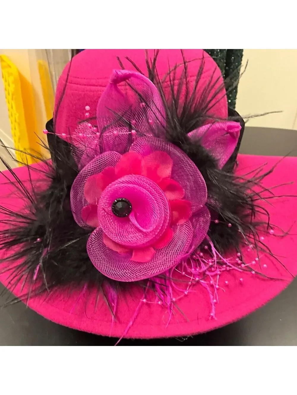 Hot Pink Felt Hat Black Velvet & Feather Embellishment